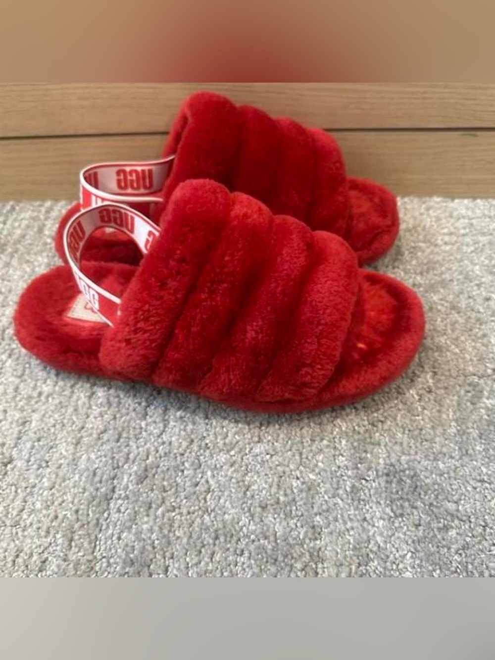 UGG Red Plush Slide Sandals with Logo Heel Strap